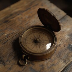 Antique Brass Compass on Wooden Surface