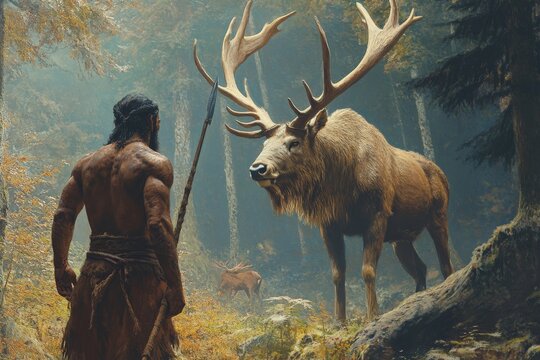 A rugged hunter with a spear gazes up at a towering elk amidst a dense forest, evoking themes of human courage and coexistence with majestic wildlife.