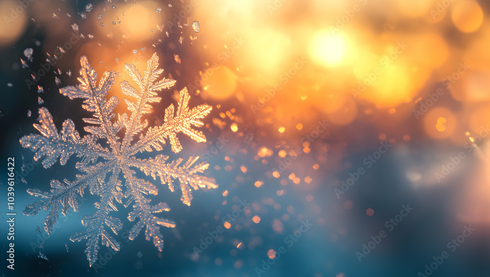 Poster close-up of a frosty window with intricate snowflake patterns in winter light. generative ai.