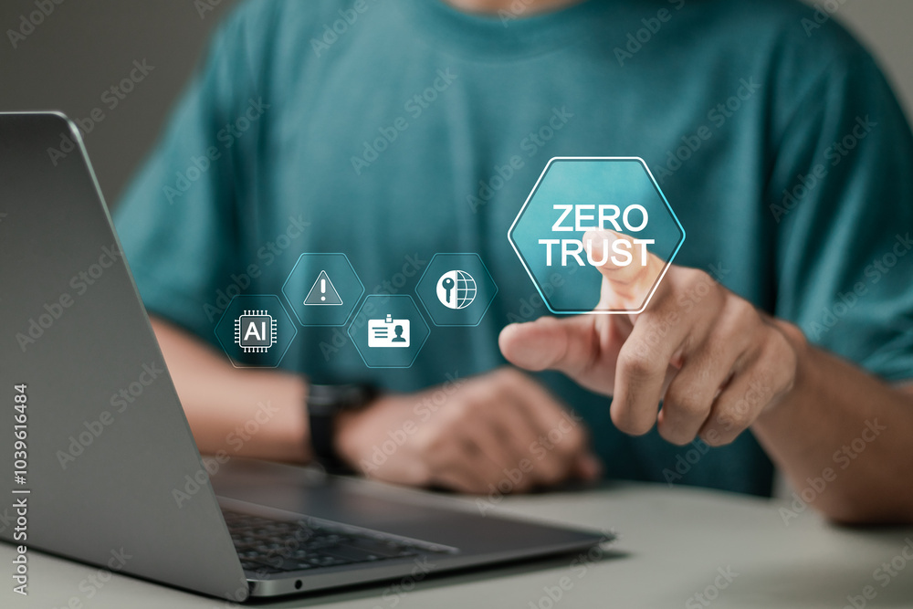 Aufkleber zero trust security concept, person using computer laptop with zero trust icons on virtual screen fo