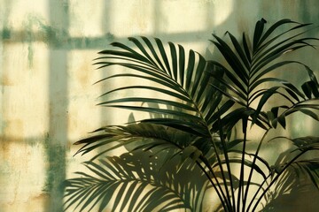 Large tropical palm leaves casting shadows on a beige wall symbolizing a serene and relaxing atmosphere perfect for nature inspired home decor or botanical designs