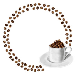 Wreath of coffee beans. Evenly distributed. White cup of coffee at the bottom. Dark roasted coffee beans. Watercolor illustration