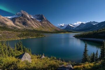 A serene mountain lake is set against a clear sky with lush green trees reflecting off its surface, embodying tranquility, peace, and the beauty of untouched nature.
