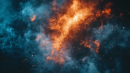  A black backdrop bears an orange-blue smoke plume, crowned by a red light above