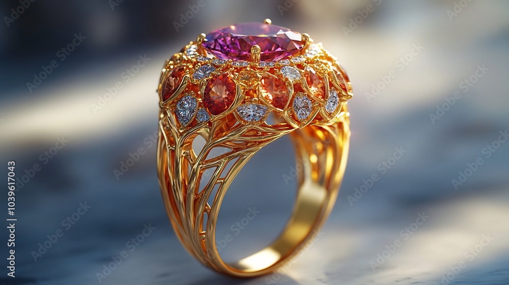 Poster luxurious 3d gold ring radiant gemstones standing out on a minimalist softhued background emphasizin