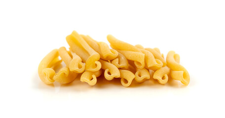 Casarecce pasta isolated, dry traditional macaroni, raw casarecce, wheat noodles, Italy cuisine ingredient