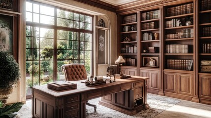 A luxurious Mediterranean study with custom wooden bookshelves