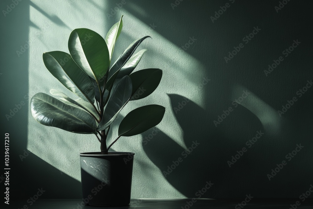 Poster a rubber plant in a sleek pot is illuminated by soft sunlight, casting serene shadows against a mute