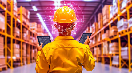 Obraz premium Efficient warehouse management is crucial for logistics, and this showcases worker in yellow safety helmet using tablets to monitor inventory. digital overlay symbolizes advanced technology in