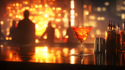 An Artistic Evening Scene Featuring a Manhattan Cocktail on a Polished Bar Top with Soft Lighting