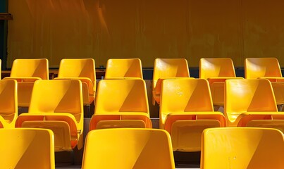 Fototapeta premium A row of bright yellow chairs sit empty in a large stadium, awaiting a crowd