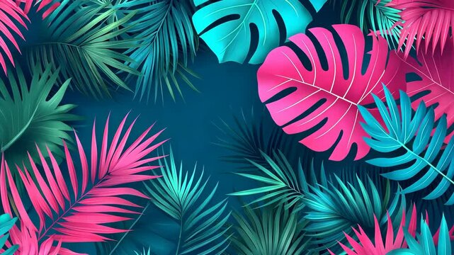 Bright pink and blue tropical leaves against a dark blue background