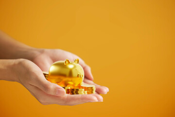 Close-up of hands holding a golden piggy bank and coins, symbolizing financial savings, wealth, and...