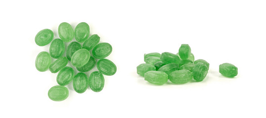 Mint Candy Isolated, Green Hard Candies, Menthol Sugar Bonbon Pile, Colorful Lozenge on White