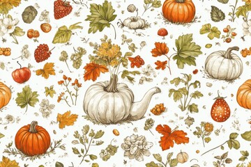Autumn themed pattern with pumpkins fall leaves and gourds representing seasonal designs harvest celebrations and festive decor for home or events