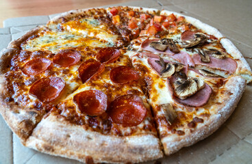 Four Seasons Pizza, Quattro Stagioni with 4 Types of Toppings with Salami, Tomato, Mushrooms,Meat