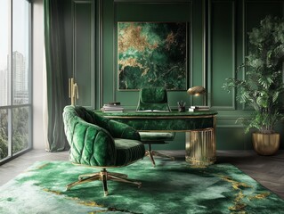 Lush study room with forest green furniture and gold-trimmed accessories