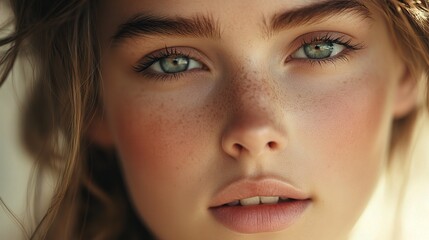 Obraz premium Close-Up Portrait of Young Woman with Freckles