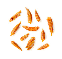 Stewed okra, cooked bamya fruits isolated, traditional asian dish bamia in red sauce, okra stew closeup