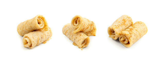 Stuffed pancakes, Eastern European rolled crepe, pancakes filled with meat, thin blini, stuffed rolls pile