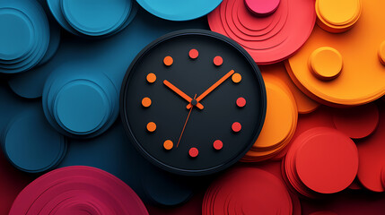 A black clock with orange hands and hour markers sits on a bed of colorful circles, creating a vibrant and abstract design.