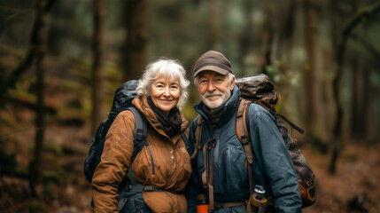 Fototapeta premium Healthy happy elder couple doing trekking together in rain forest .