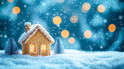 Festive Gingerbread house decorated for Christmas event with blurred bokeh on background .