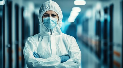 A healthcare worker in full protective gear standing tall in a hospital hallway, backlit by soft light, symbolizing resilience and dedication in the face of challenges