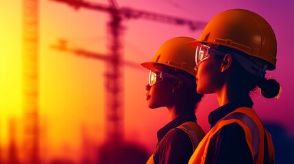 Two construction workers observing a sunset with cranes in the background.