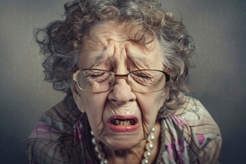 An elderly woman shows deep emotions in a powerful portrait. Her expression evokes feelings of sadness and vulnerability. The style is realistic and thought-provoking. Generative AI