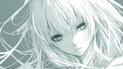  A sorrowful girl with long white hair and piercing blue eyes gazes into the camera