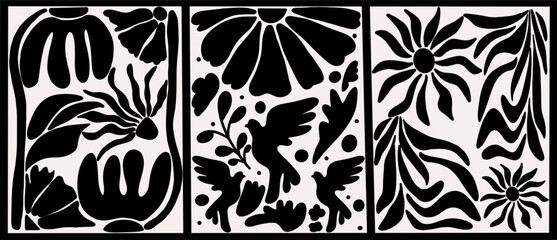 Set of abstract floral bird posters. Botanical in trendy scandinavian, japandi style, modern black beige wall art. Naive groovy hippie interior decoration, painting. Monochrome vector illustrations