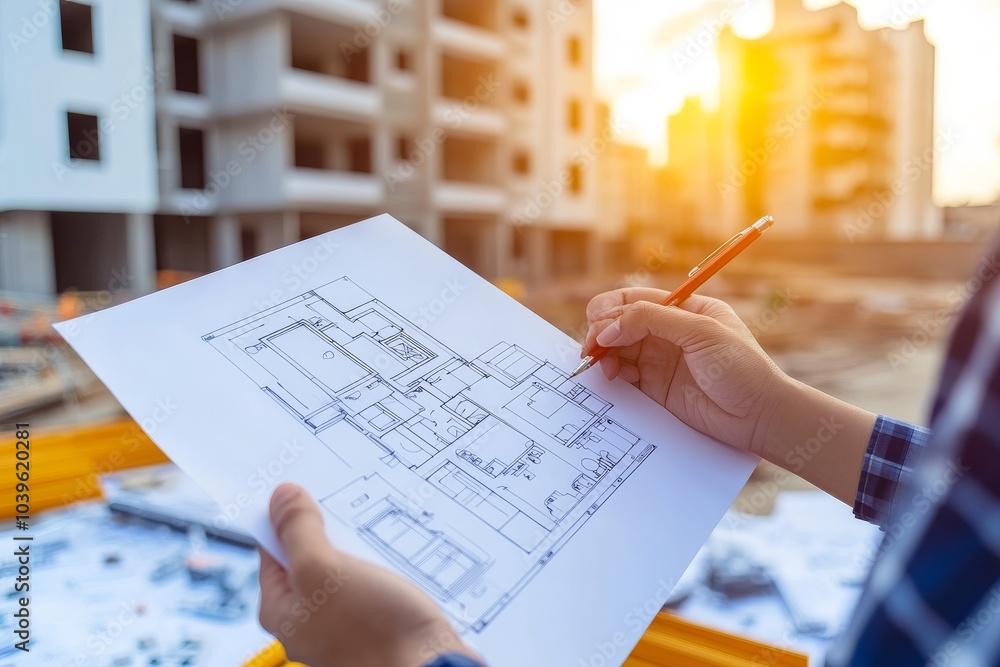 Poster Hands holding a blueprint of architectural plans in front of an under construction building symbolizing planning and execution of sustainable building projects and modern urban development
