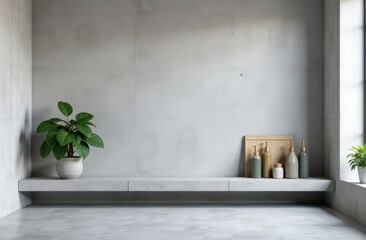 Empty gray wall room interiors studio concrete backdrop and floor cement shelf, well editing montage display products and text present on free space background