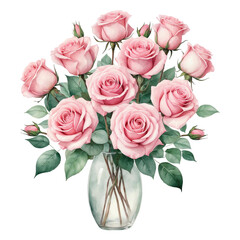 Elegant pink roses in vase with isolated background, Watercolor pink roses in glass vase with isolated background, Realistic pink rose arrangement with isolated background.