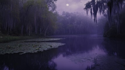 Fototapeta premium A tranquil body of water dotted with lily pads in the foreground, beneath a majestic full moon in the backdrop