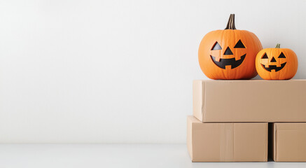 Two Halloween pumpkins on cardboard boxes against a white background.