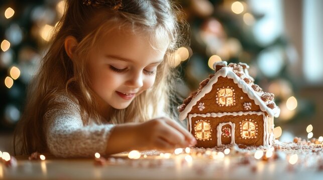 A little girl is decorating a gingerbread house
