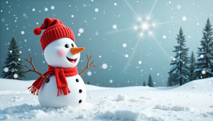 Obraz premium Cheerful snowman wearing a red hat and scarf in a snowy landscape with sparkling snowflakes