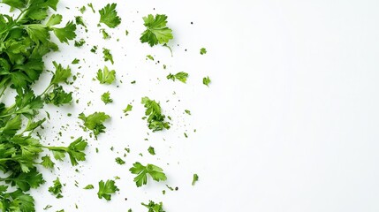 Chopped green coriander leaves are scattered on a white background.