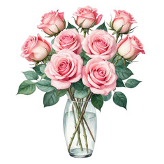 Pink rose bouquet with isolated background, Watercolor pink roses in glass vase with isolated background, Minimalist watercolor pink roses with isolated background.