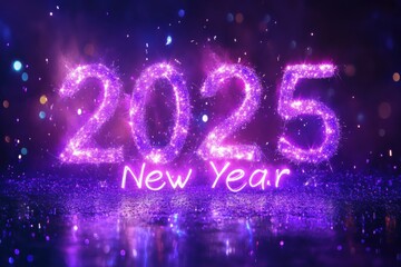 Bright neon sign "Happy New Year-2025".