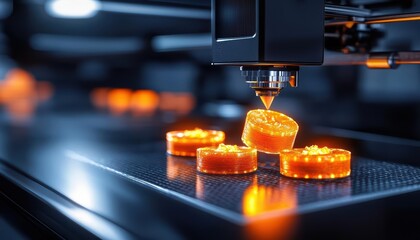 3D printer creating orange objects in a modern factory setting.