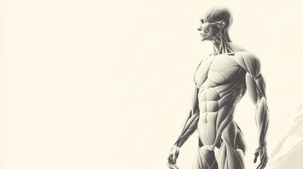 Obraz premium A minimalist depiction of the human muscular system, with smooth, flowing lines and a monochromatic palette focusing on the main muscle groups. 