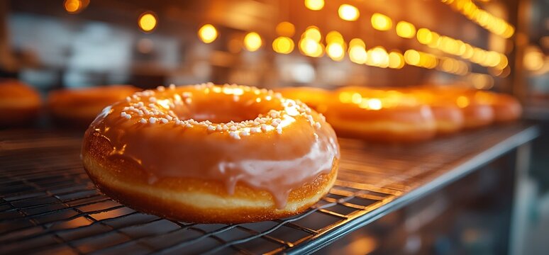 A glazed donut with sprinkles sits on a cooling rack in a bakery, ready to be enjoyed.