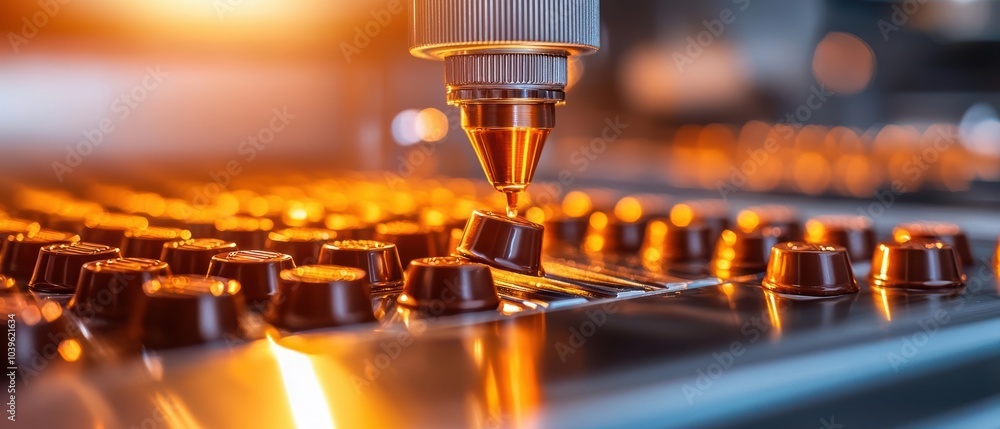Poster close-up of industrial machine processing components in a factory setting.