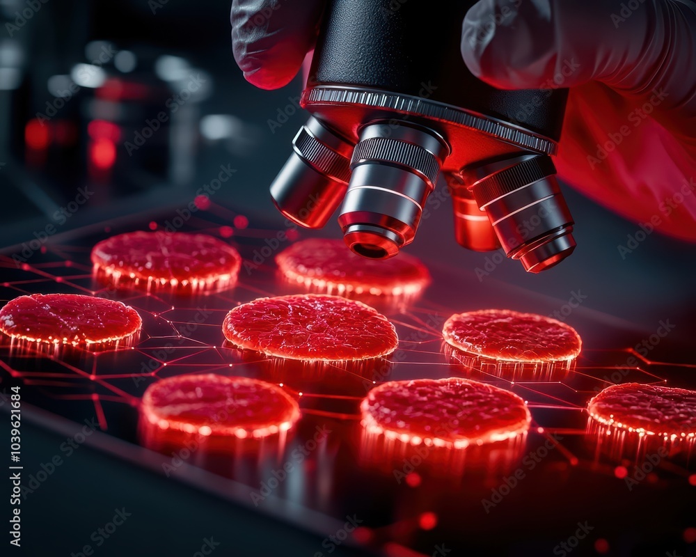Poster close-up of microscope examining glowing samples in a lab setting.