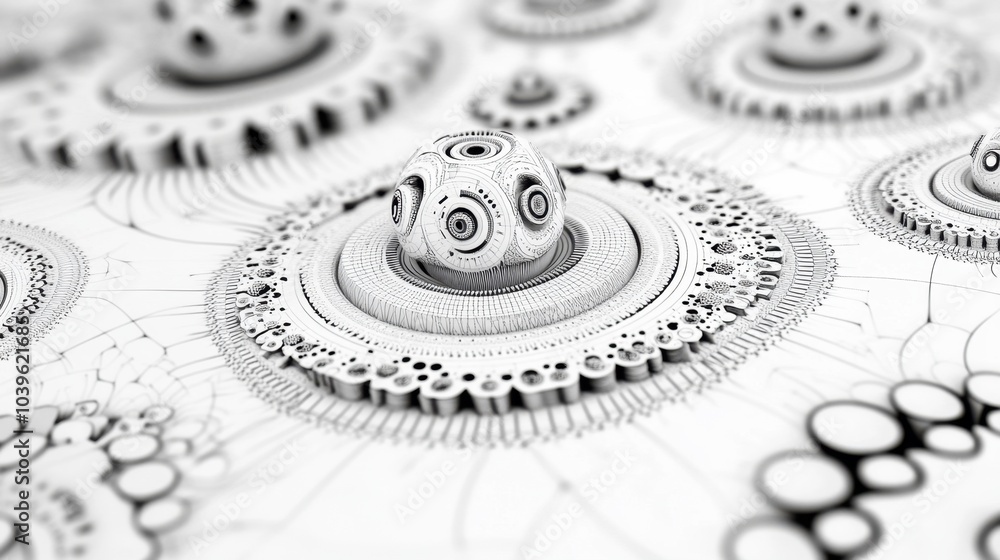 Poster intricate fractal patterns design a surreal landscape in black and white with mesmerizing spheres an