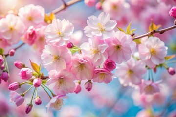 Delicate Pink Cherry Blossoms Unfurling in Soft Pastel Hues Against a Clear Blue Sky Background