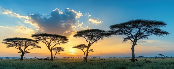 Obraz premium Sunset Over the Serengeti in Tanzania with Acacia Trees Silhouetted Against a Vibrant Sky and Grazing Wildlife